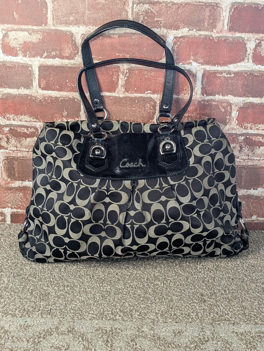 Coach Ashley Y2K Tote F15510 Signature Sateen Carryall Leather Trim Purse